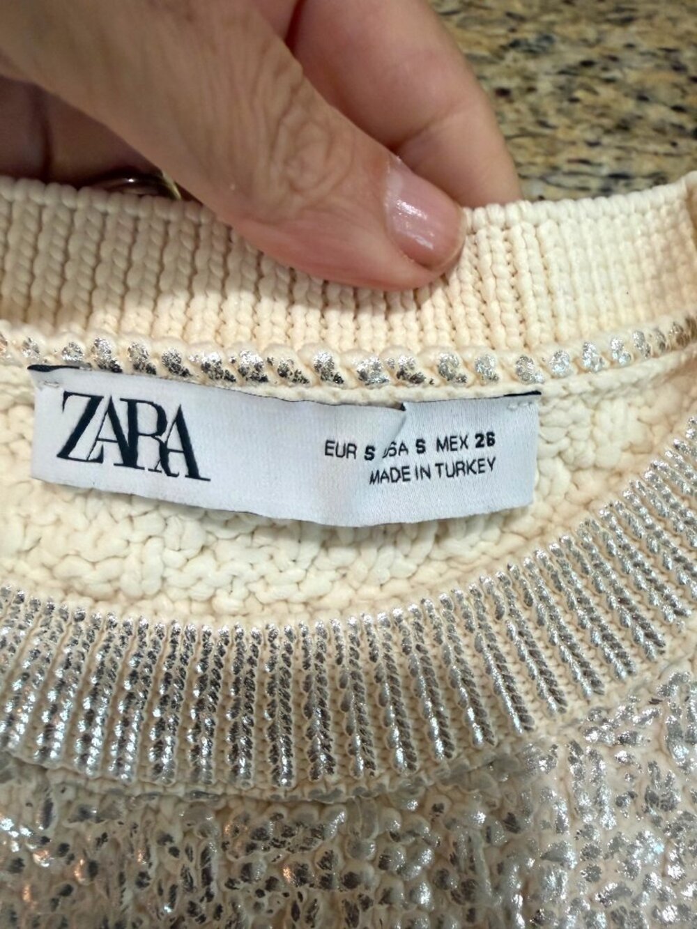 Zara Metallic Glam Posh Party City Short-Sleeve Sweater Silver Cream Womens S - Picture 6 of 13